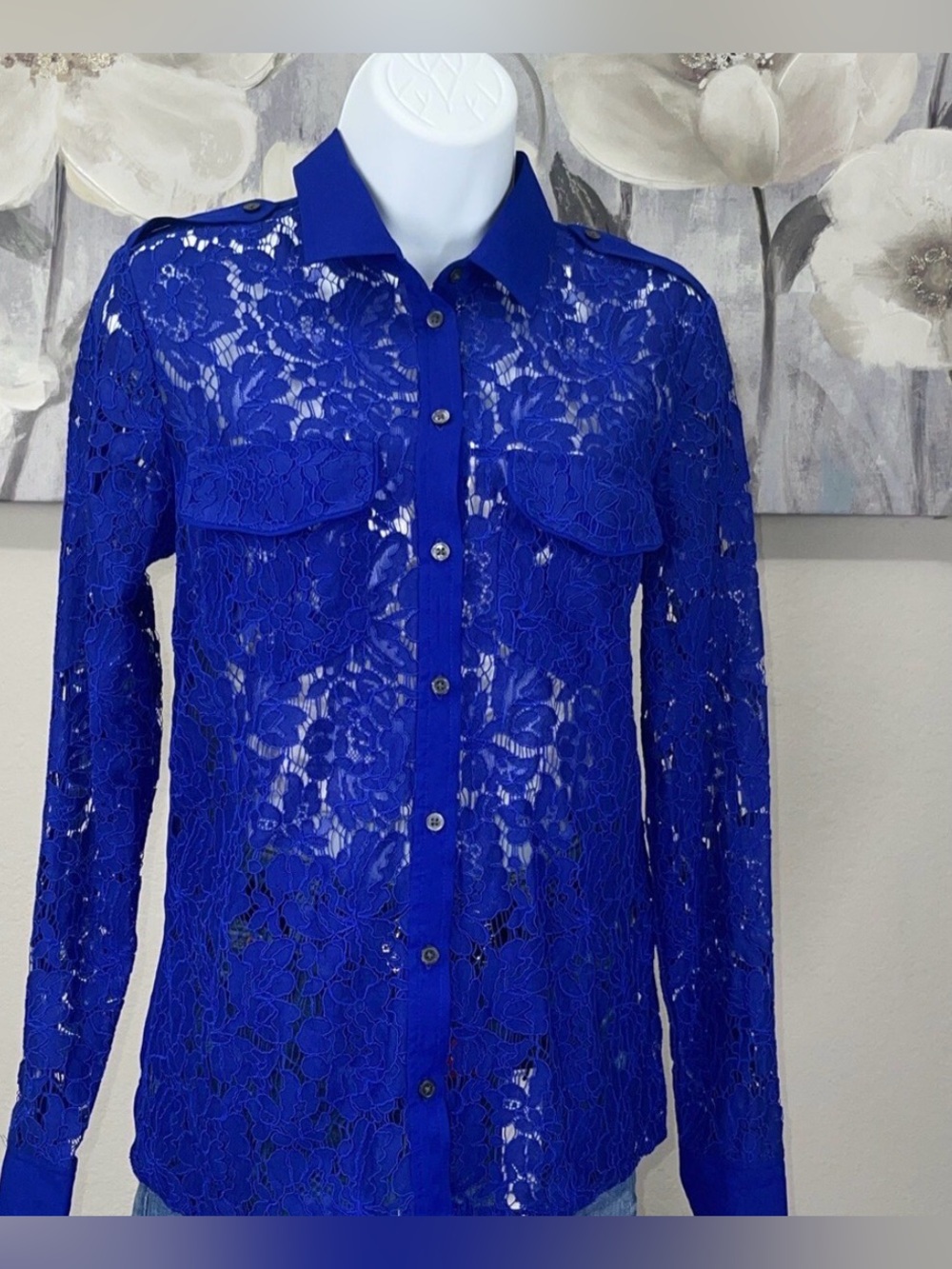 LACE ⭐️ Banana Republic Royal Blue Collared Blouse,  epaulets , 👀 like Dsquared2